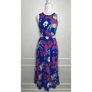 Mango MNG Blue Purple Floral Plissé Cut-Out Maxi Dress XS Sleeveless Summer